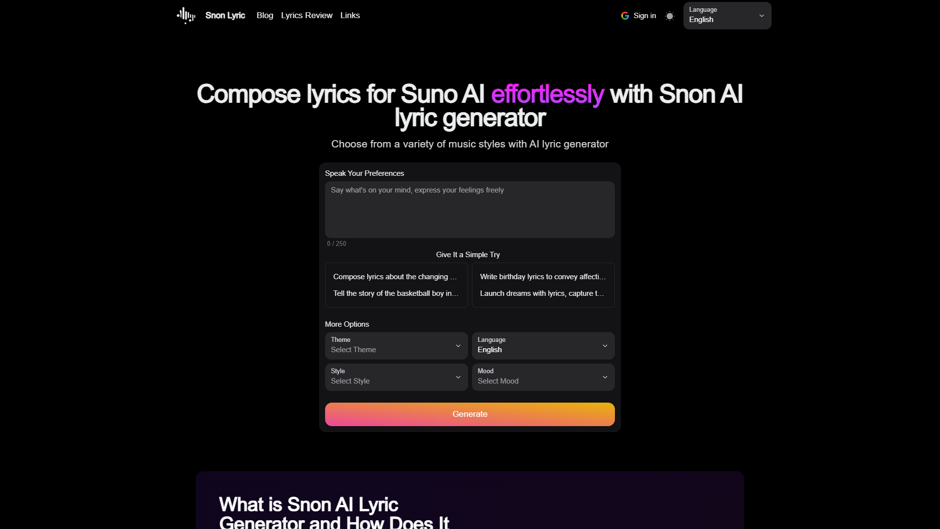 Snon AI Lyric Generator Snon AI Lyric Generator