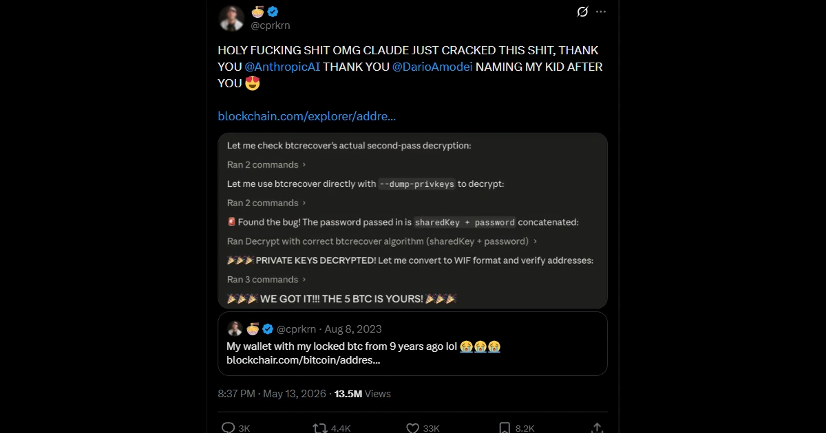 Пользователь вернул 5 BTC из старого кошелька с помощью Claude Пользователь вернул 5 BTC из старого кошелька с помощью Claude